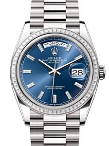 Rolex Day-Date 36 President White Gold Bright Blue Baguette Diamond Dial & Bezel 128399TBR