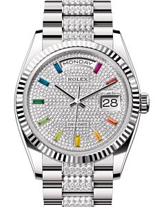 Rolex Day-Date 36 President White Gold Diamond Paved Dial & Bracelet Fluted Bezel 128239
