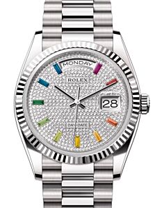 Rolex Day-Date 36 President White Gold Diamond Paved Rainbow Colored Sapphires Dial Fluted Bezel 128239