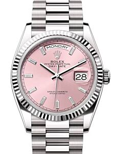 Rolex Day-Date 36 President White Gold Pink Baguette Diamond Dial 128239