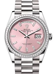 Rolex Day-Date 36 President White Gold Pink Baguette Diamond Dial & Bezel 128399TBR