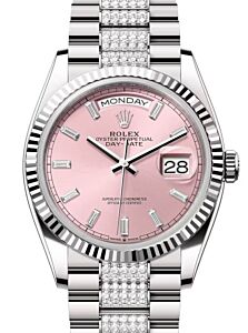 Rolex Day-Date 36 President White Gold Pink Dial Fluted Bezel Diamond Set Bracelet 128239