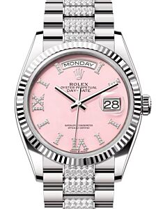 Rolex Day-Date 36 President White Gold Pink Opal Diamond Dial & Bracelet Fluted Bezel 128239