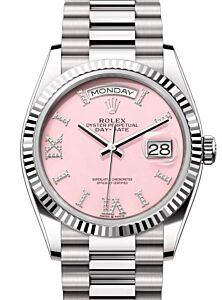 Rolex Day-Date 36 President White Gold Pink Opal Diamond Dial Fluted Bezel 128239