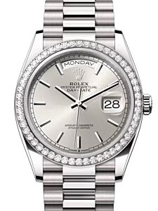 Rolex Day-Date 36 President White Gold Silver Index Dial & Diamond Bezel 128349RBR