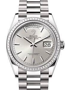 Rolex Day-Date 36 President White Gold Silver Index Dial Diamond Bezel 128399TBR