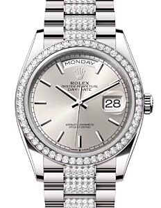 Rolex Day-Date 36 President White Gold Silver Index Dial Diamond Bezel & Bracelet 128349RBR