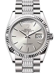 Rolex Day-Date 36 President White Gold Silver Index Dial Fluted Bezel Diamond Set Bracelet 128239