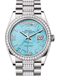 Rolex Day-Date 36 President White Gold Turquoise "Tiffany" Diamond Bezel & Bracelet 128349RBR