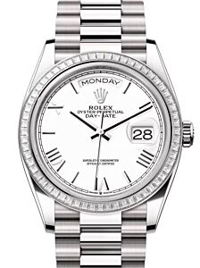 Rolex Day-Date 36 President White Gold White Roman Dial Diamond Bezel 128399TBR