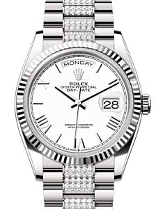 Rolex Day-Date 36 President White Gold White Roman Dial Diamond Bracelet 128239