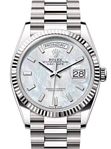Rolex Day-Date 36 President White Gold White Mother of Pearl Baguette Diamond Dial 128239