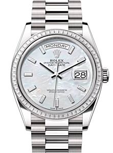 Rolex Day-Date 36 President White Gold White Mother of Pearl Baguette Diamond Dial & Bezel 128399TBR