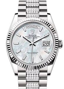 Rolex Day-Date 36 President White Gold White Mother of Pearl Baguette Diamond Dial & Bracelet Fluted Bezel 128239