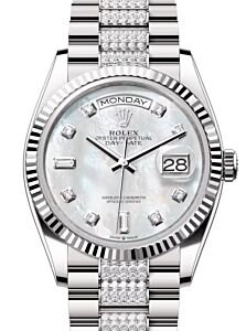 Rolex Day-Date 36 President White Gold White Mother of Pearl Dial Fluted Bezel Diamond Set Bracelet 128239