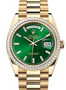 Rolex Day-Date 36 President Yellow Gold Bright Green Baguette Diamond Dial & Bezel 128398TBR