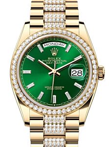 Rolex Day-Date 36 President Yellow Gold Bright Green Diamond Bezel & Bracelet 128348RBR