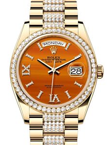 Rolex Day-Date 36 President Yellow Gold Carnelian Orange Dial Diamond Bezel & Bracelet 128348RBR