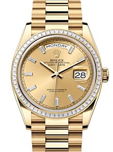 Rolex Day-Date 36 President Yellow Gold Champagne Baguette Diamond Dial & Bezel 128398TBR