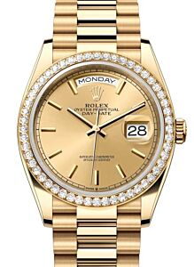 Rolex Day-Date 36 President Yellow Gold Champagne Index Dial Diamond Bezel 128348RBR