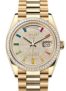 Rolex Day-Date 36 President Yellow Gold Diamond Paved Rainbow Sapphires Dial 128398TBR