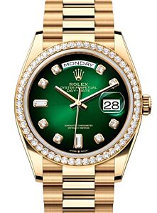 Rolex Day-Date 36 President Yellow Gold Green Ombre Dial Diamond Bezel 128348RBR