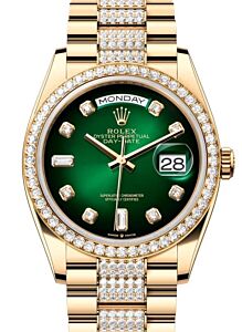 Rolex Day-Date 36 President Yellow Gold Green Ombre Dial Diamond Bezel & Bracelet 128348RBR