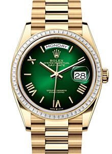 Rolex Day-Date 36 President Yellow Gold Green Ombre Roman Dial Diamond Baguette Bezel 128398TBR