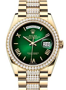 Rolex Day-Date 36 President Yellow Gold Green Ombre Roman Dial Diamond Bezel & Bracelet 128348RBR