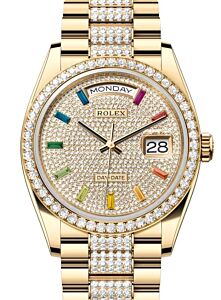 Rolex Day-Date 36 President Yellow Gold Rainbow Colored Sapphires Dial Diamond Bezel & Bracelet 128348RBR