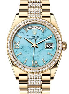 Rolex Day-Date 36 President Yellow Gold Turquoise "Tiffany" Dial Diamond Bezel & Bracelet 128348RBR