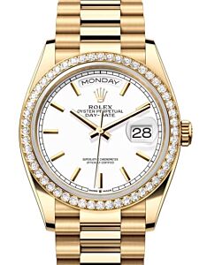 Rolex Day-Date 36 President Yellow Gold White Index Dial Diamond Bezel 128348RBR