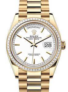 Rolex Day-Date 36 President Yellow Gold White Index Dial Diamond Bezel 128398TBR