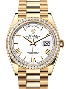 Rolex Day-Date 36 President Yellow Gold White Roman Dial Round Diamond Bezel 128348RBR