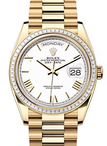 Rolex Day-Date 36 President Yellow Gold White Roman Dial Diamond Baguette Bezel 128398TBR