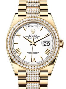 Rolex Day-Date 36 President Yellow Gold White Roman Dial Round Diamond Bezel & Bracelet 128348RBR