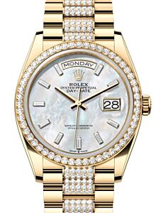 Rolex Day-Date 36 President Yellow Gold White Mother of Pearl Baguette Dial Diamond Bezel & Bracelet 128348RBR