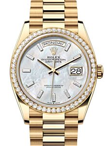 Rolex Day-Date 36 President Yellow Gold White Mother of Pearl Baguette Diamond Dial & Bezel 128348RBR