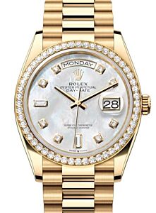 Rolex Day-Date 36 President Yellow Gold White Mother of Pearl Diamond Dial & Bezel 128348RBR