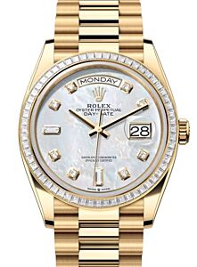 Rolex Day-Date 36 President Yellow Gold White Mother of Pearl Diamond Dial & Bezel 128398TBR