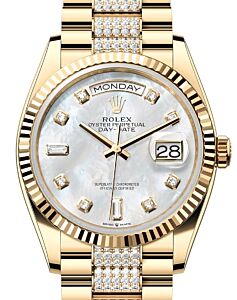 Rolex Day-Date 36 President Yellow Gold White Mother of Pearl Diamond Dial & Bracelet 128238