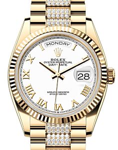 Rolex Day-Date 36 President Yellow Gold White Roman Dial Diamond Bracelet 128238