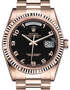 Rolex Day-Date 36 Rose Gold Black Arabic Dial & Fluted Bezel President Bracelet 118235 - BRAND NEW
