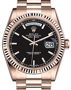 Rolex Day-Date 36 Rose Gold Black Index Dial & Fluted Bezel President Bracelet 118235