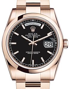 Rolex Day-Date 36 Rose Gold Black Index Dial & Smooth Domed Bezel Oyster Bracelet 118205 - BRAND NEW