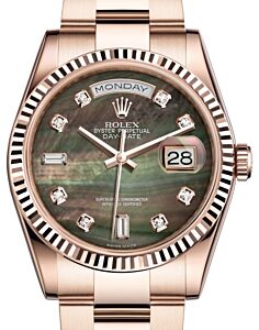Rolex Day-Date 36 Rose Gold Black Mother of Pearl Diamond Dial & Fluted Bezel Oyster Bracelet 118235