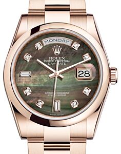 Rolex Day-Date 36 Rose Gold Black Mother of Pearl Diamond Dial & Smooth Domed Bezel Oyster Bracelet 118205 - BRAND NEW