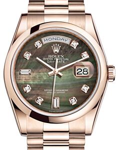 Rolex Day-Date 36 Rose Gold Black Mother of Pearl Diamond Dial & Smooth Domed Bezel President Bracelet 118205 - BRAND NEW