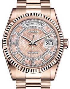 Rolex Day-Date 36 Rose Gold Carousel of Pink Mother of Pearl Diamond Dial & Fluted Bezel President Bracelet 118235