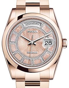 Rolex Day-Date 36 Rose Gold Carousel of Pink Mother of Pearl Diamond Dial & Smooth Domed Bezel Oyster Bracelet 118205 - BRAND NEW